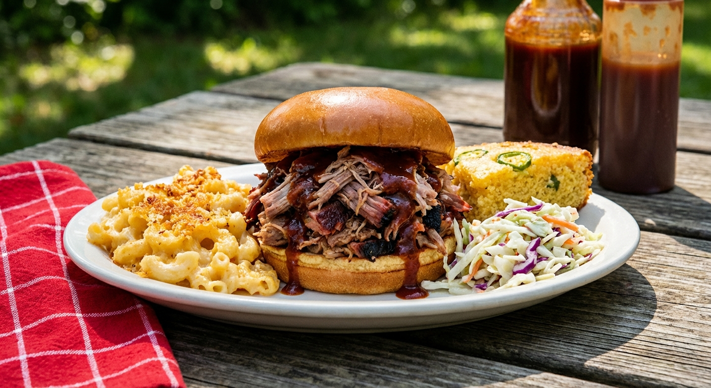 Loaded BBQ plate with smoked pulled pork, mac and cheese, coleslaw, and cornbread on a summer picnic table