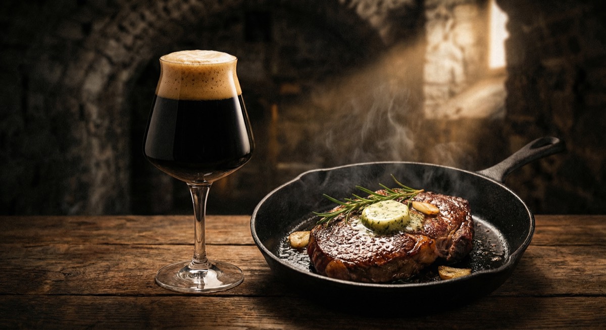 Dark stout beer in a glass next to a pan-seared ribeye with herb butter