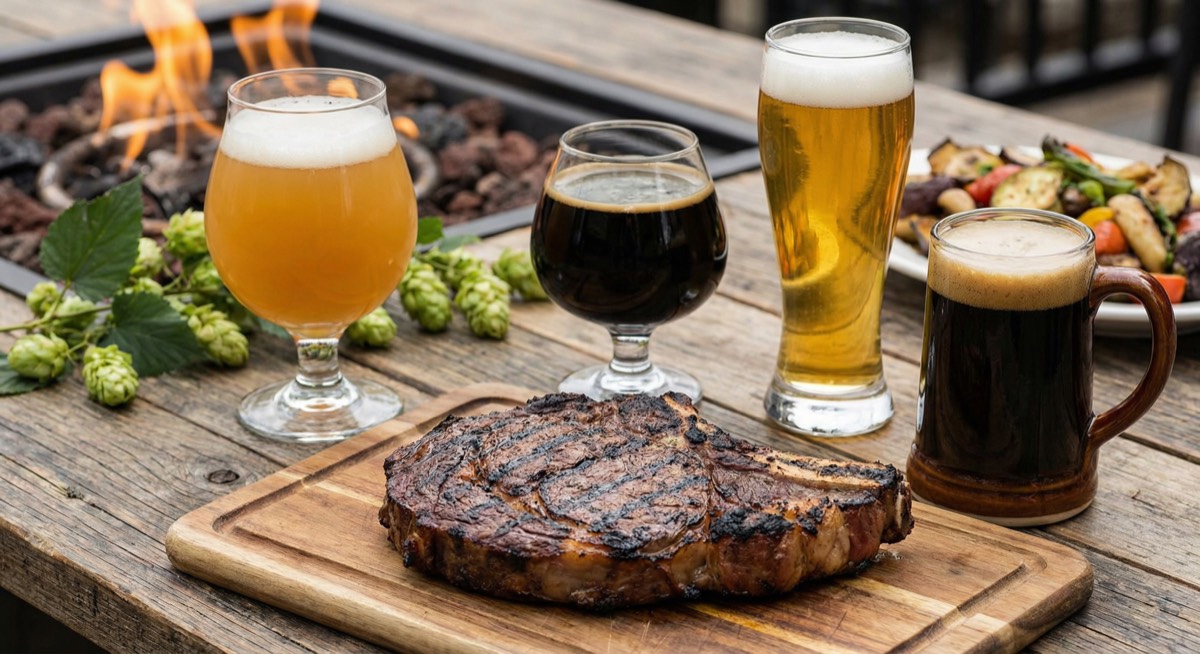 Various craft beer styles arranged next to a grilled ribeye steak