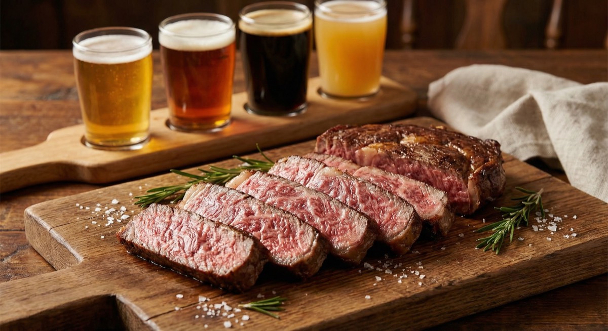 Sliced American Wagyu ribeye with marbling visible, beer flight in background