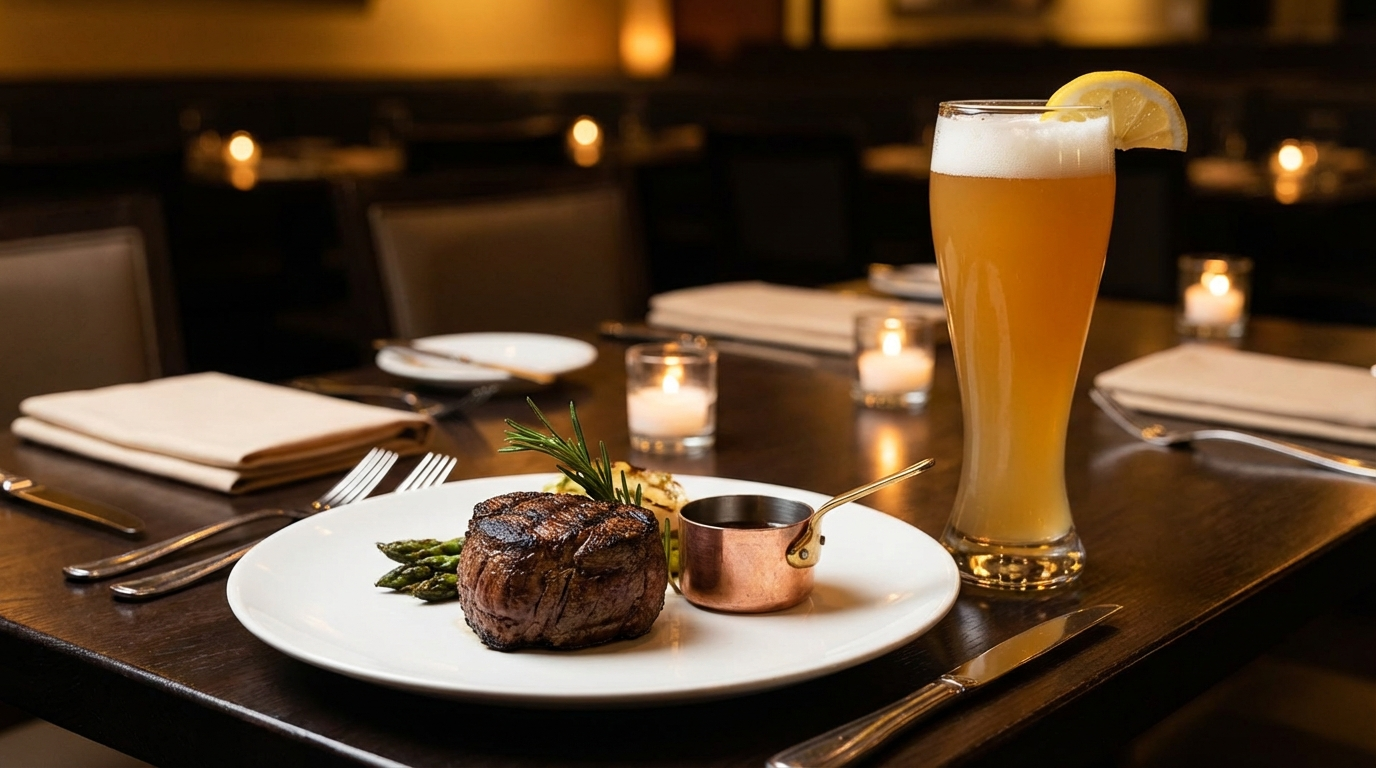 Grilled filet mignon paired with a glass of Belgian wheat beer in fine dining setting