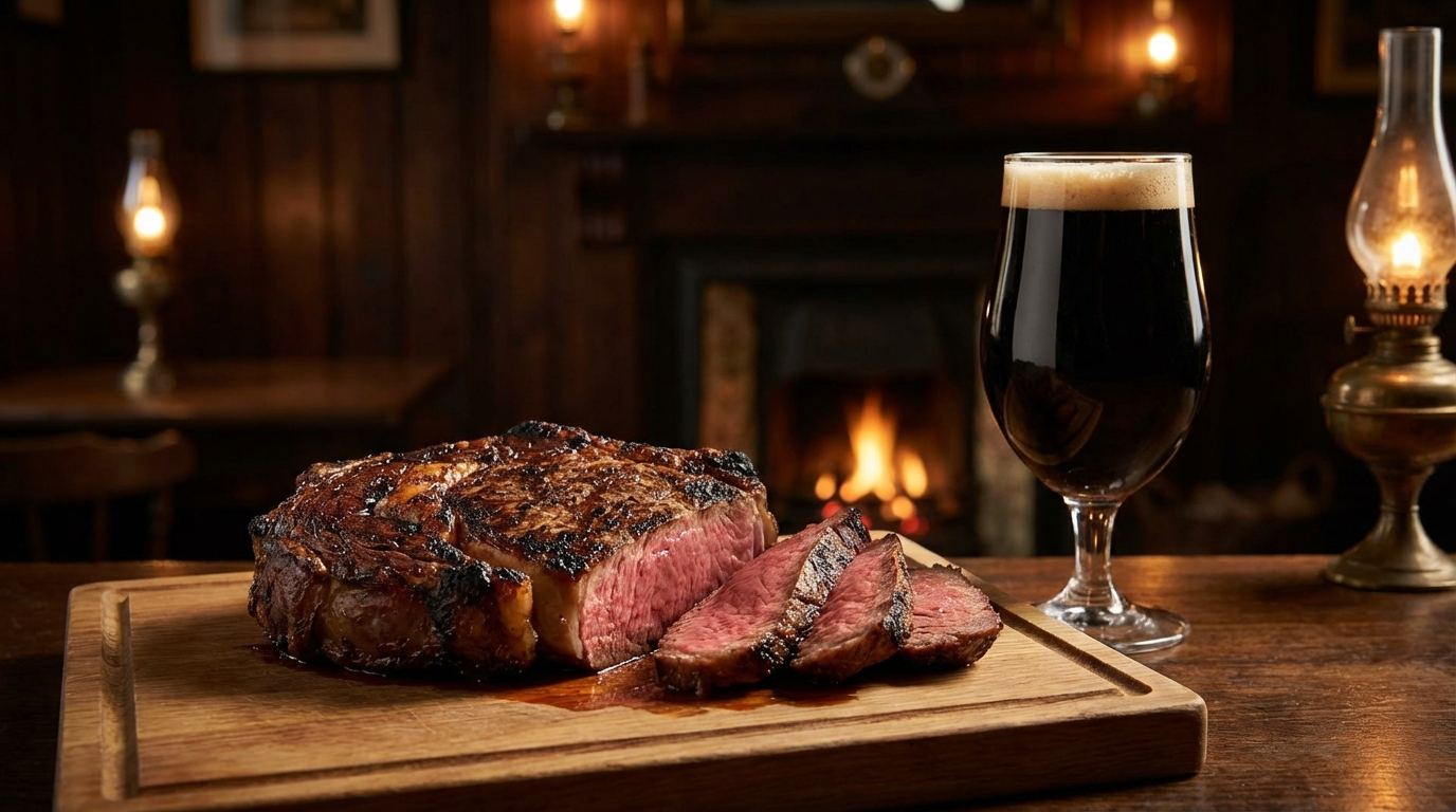 Thick-cut ribeye steak with beautiful crust paired with a dark stout in a tulip glass