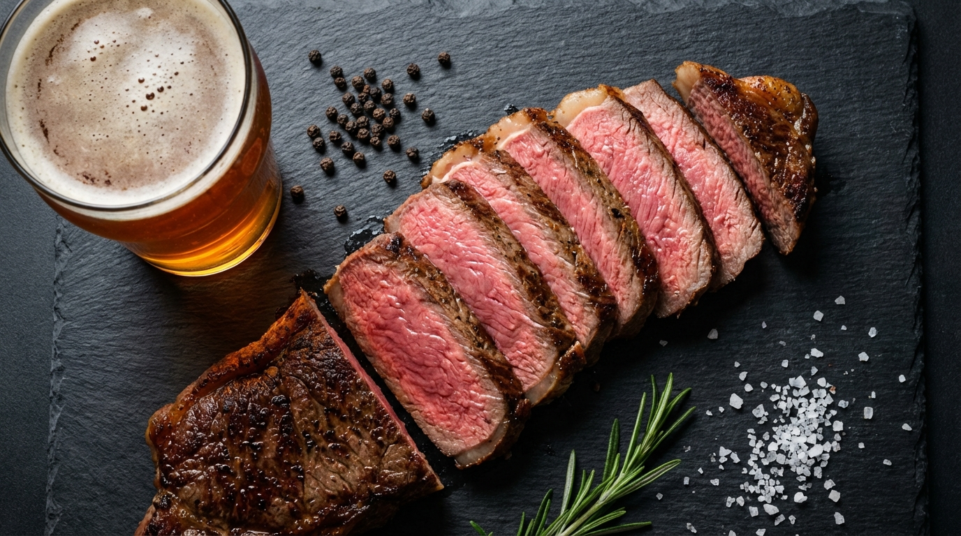 Sliced New York strip steak showing medium-rare interior next to an amber IPA in a pint glass