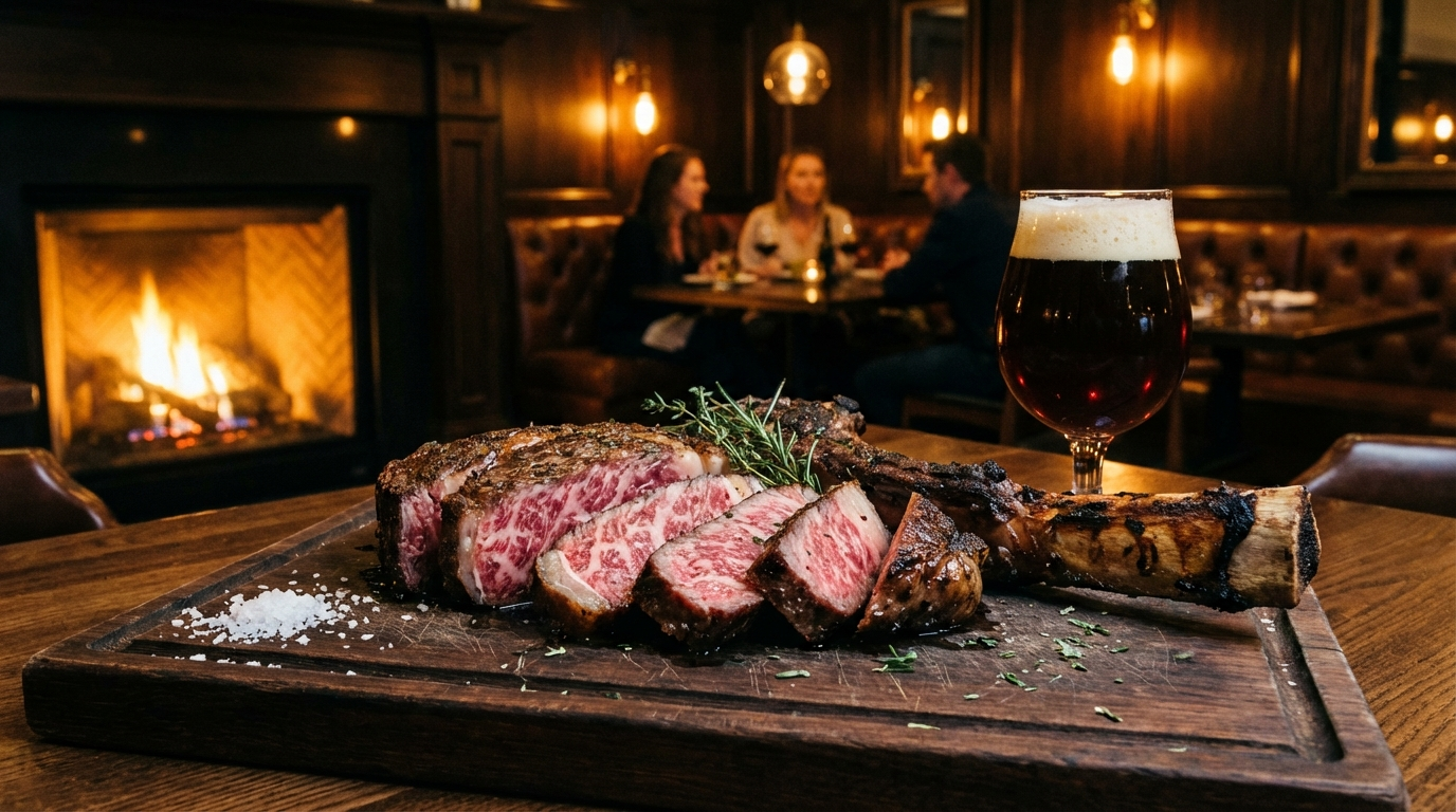 Wagyu steak with intense marbling paired with a dark Belgian dubbel beer in moody restaurant light