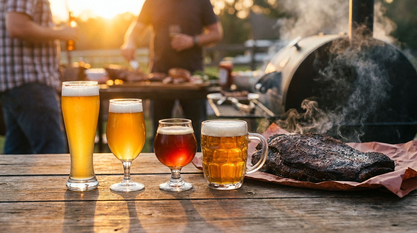 Four different craft beers lined up beside a whole smoked brisket on butcher paper in outdoor setting