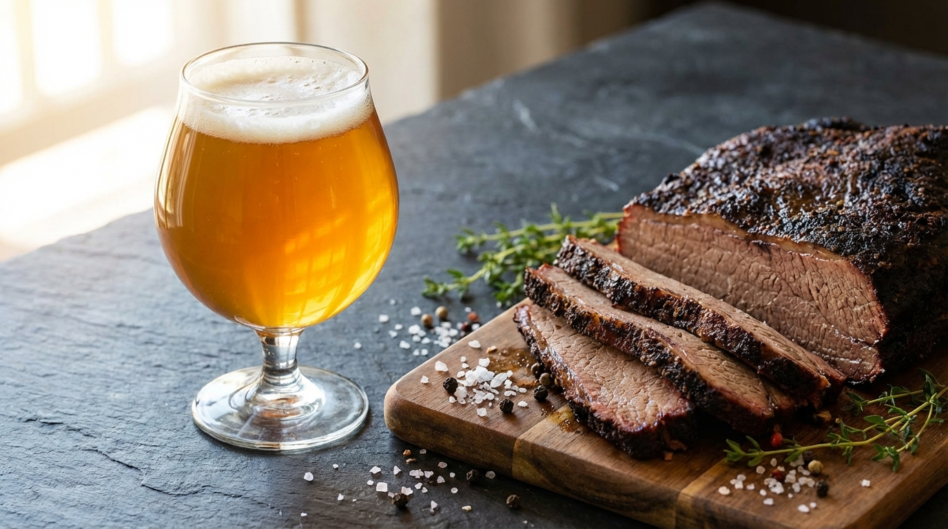 Golden IPA craft beer in tulip glass next to sliced lean brisket flat with crispy bark