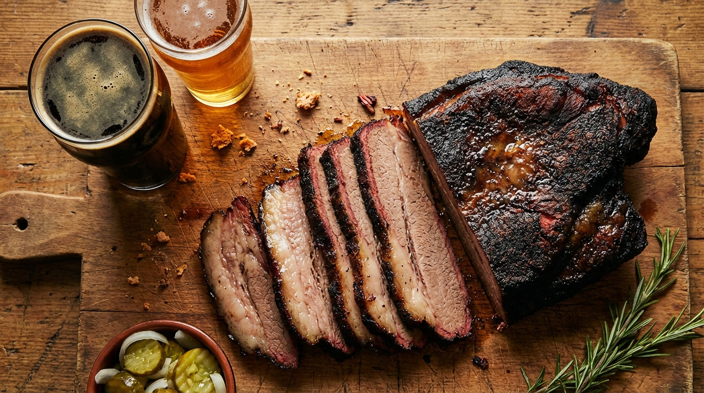 Sliced brisket point with rendered fat next to a dark stout and amber lager on cutting board