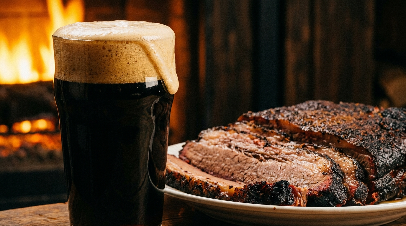 Dark brown porter beer with creamy head beside thick sliced smoked brisket with rich bark