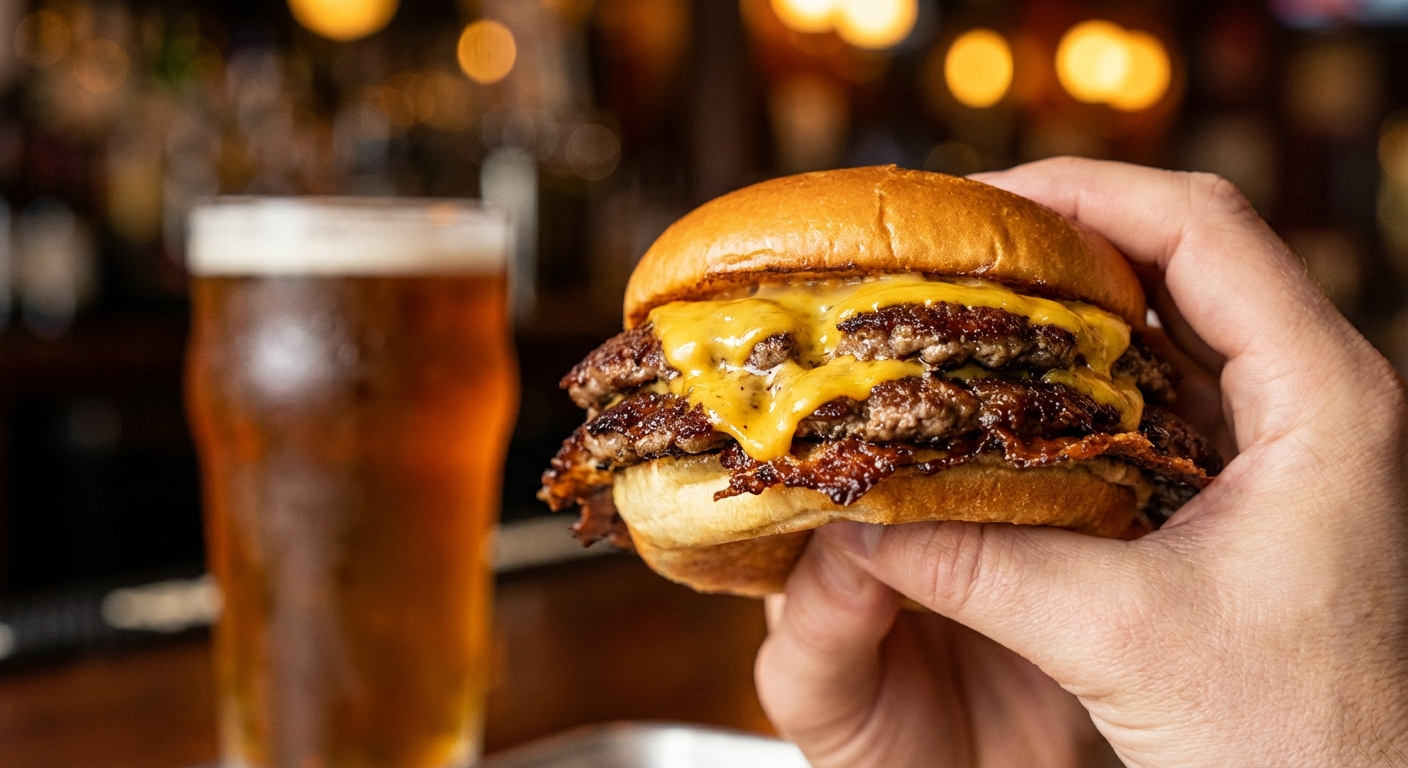Juicy double smash burger with melted cheese and crispy edges paired with a frosty pint of amber ale