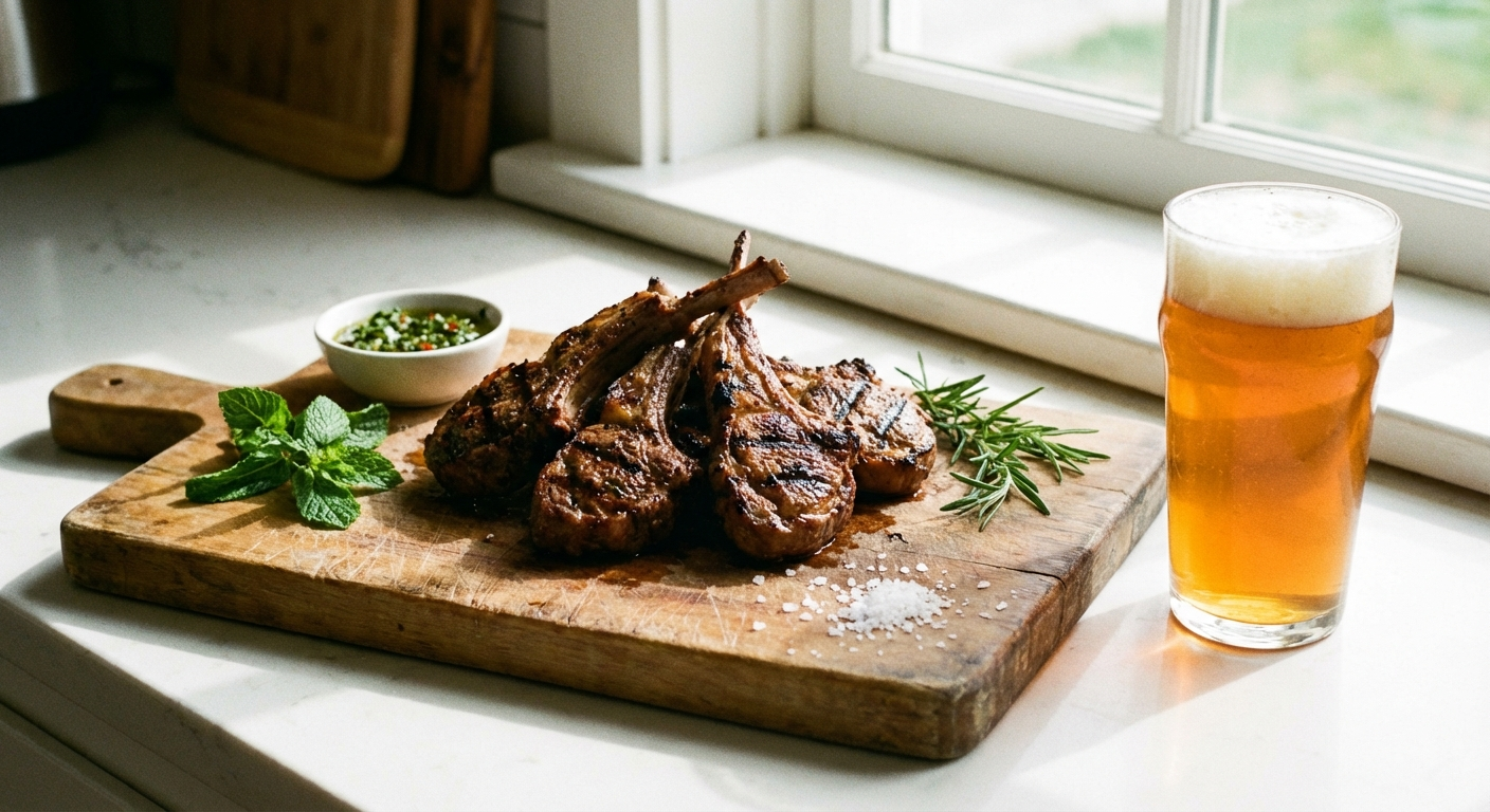 Grilled lamb chops with char marks on a cutting board next to a glass of amber IPA beer with fresh mint and rosemary