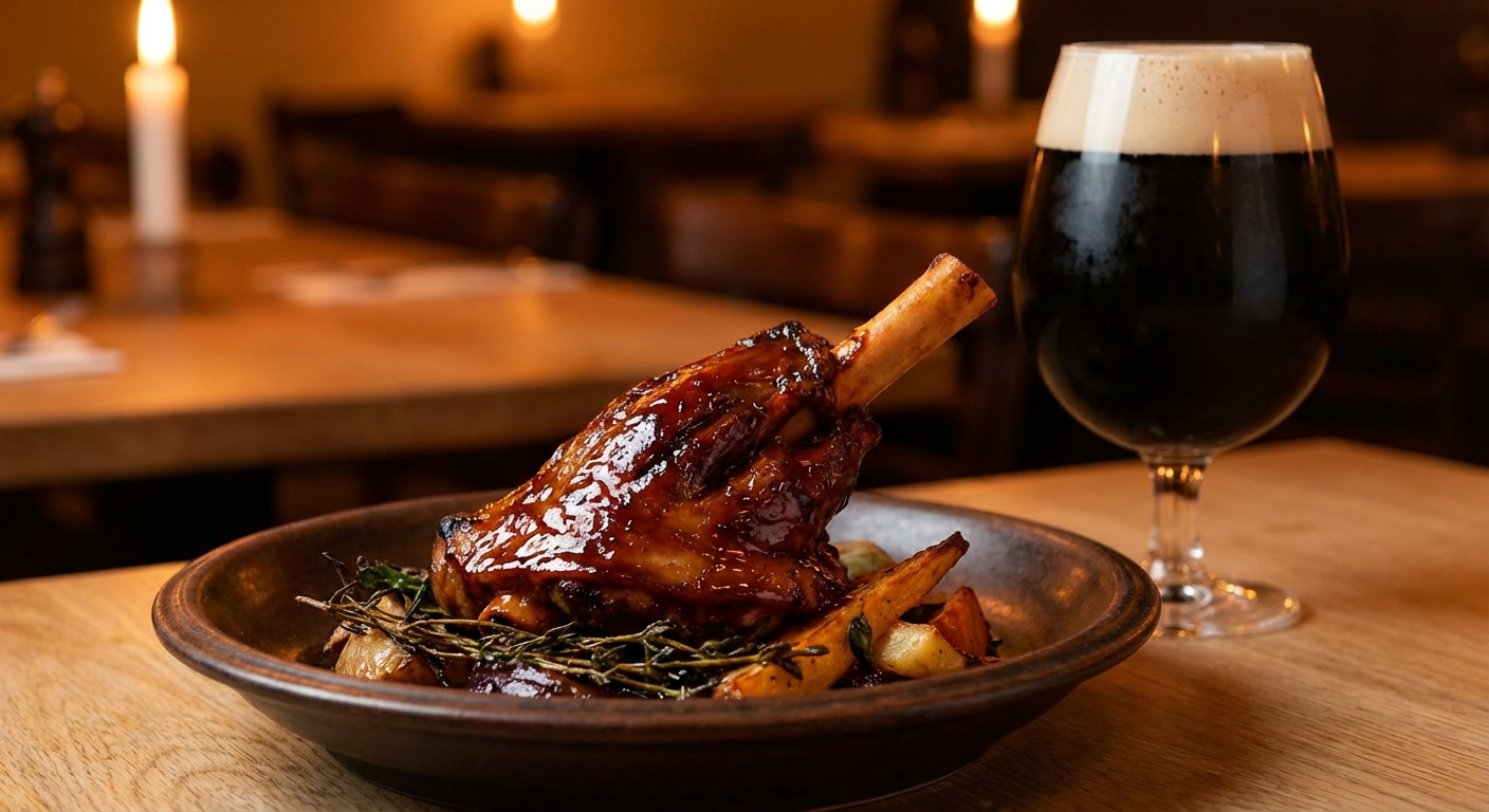 Braised lamb shank with rich glaze on a dark plate beside a tulip glass of dark stout beer with creamy foam head