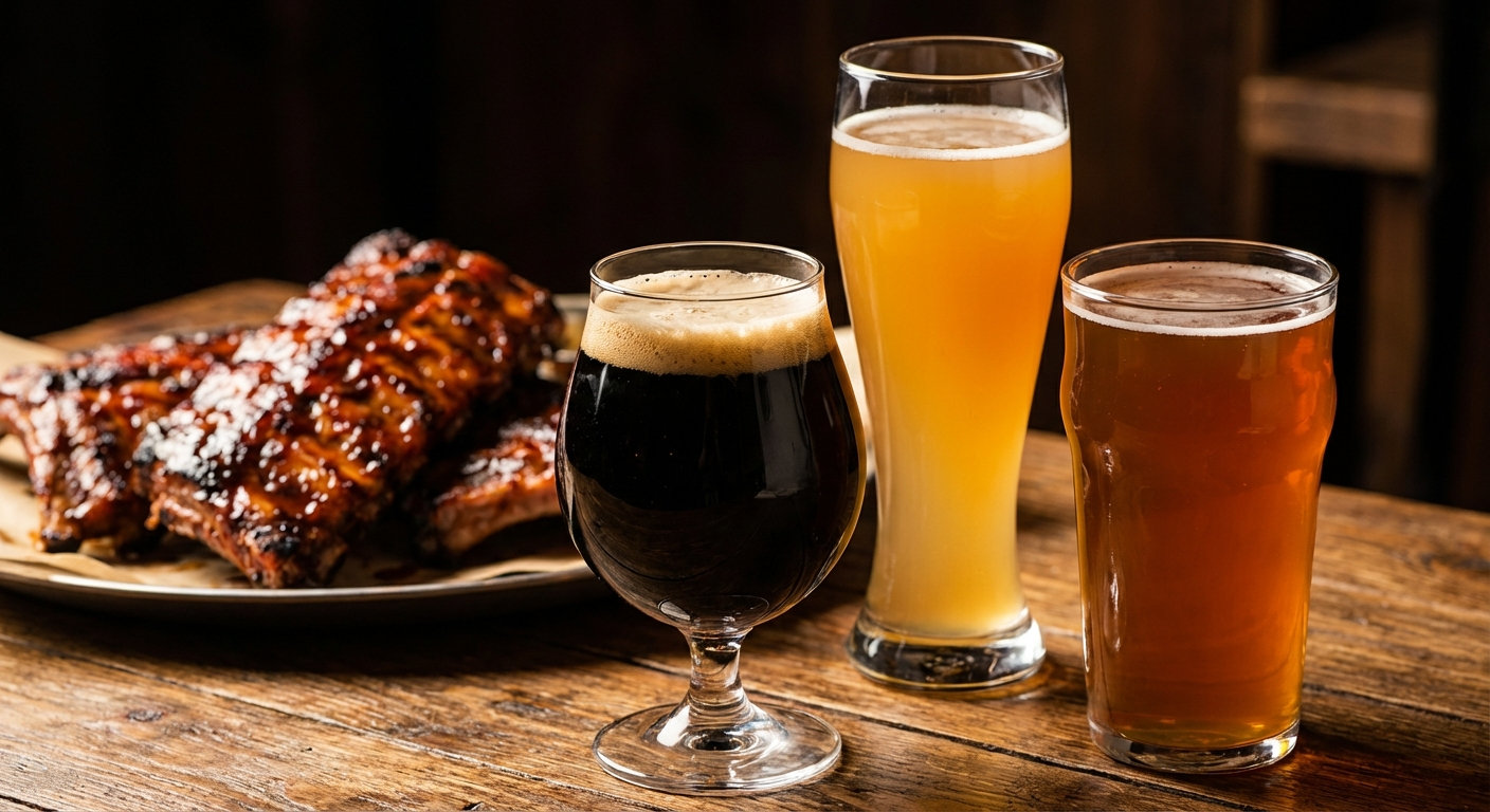 Three craft beers in different glasses with a platter of smoky spare ribs with caramelized sauce glaze