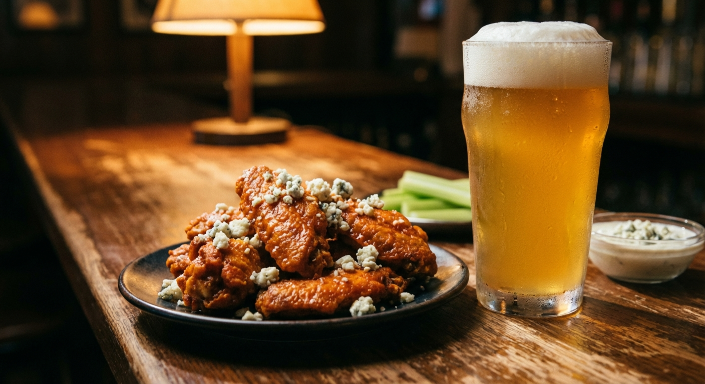 Crispy buffalo chicken wings with blue cheese crumbles paired with a frosty pint of golden wheat beer