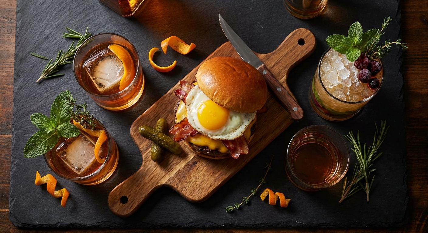 Overhead view of bourbon cocktails including an old fashioned and neat pour arranged around a gourmet burger on dark slate surface