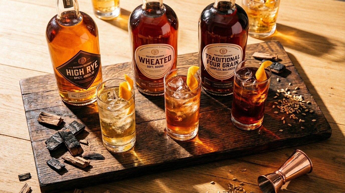 Three premium bourbon bottles showing distinct mash bill styles with amber liquid in glasses