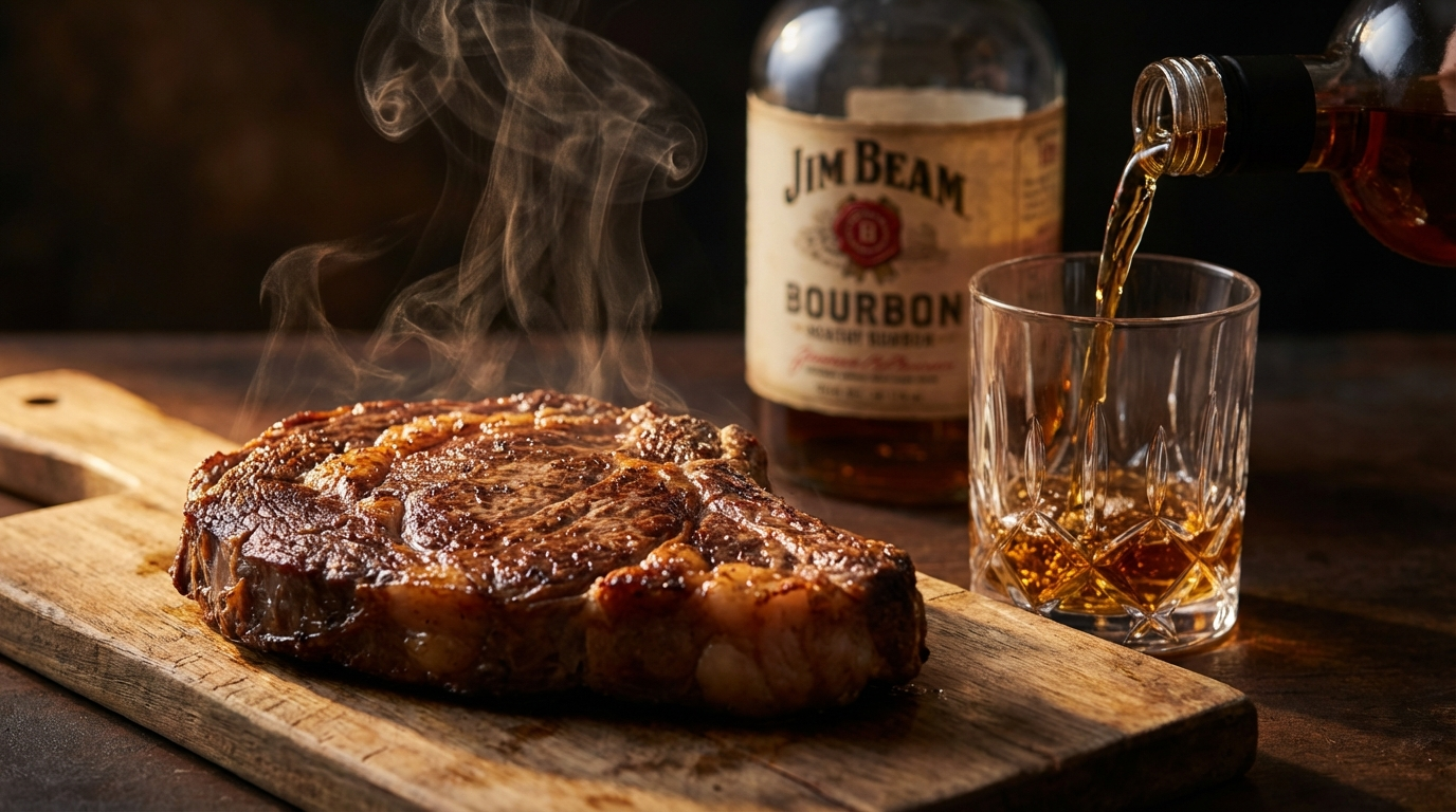 Wagyu ribeye steak with bourbon being poured into crystal glass showing steam and caramelized crust