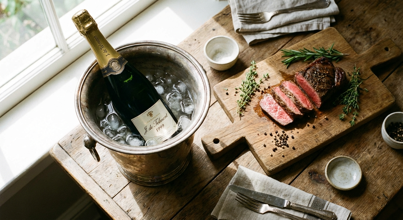 Champagne bottle in ice bucket next to a cutting board with sliced rare steak, herbs, and peppercorns in natural light