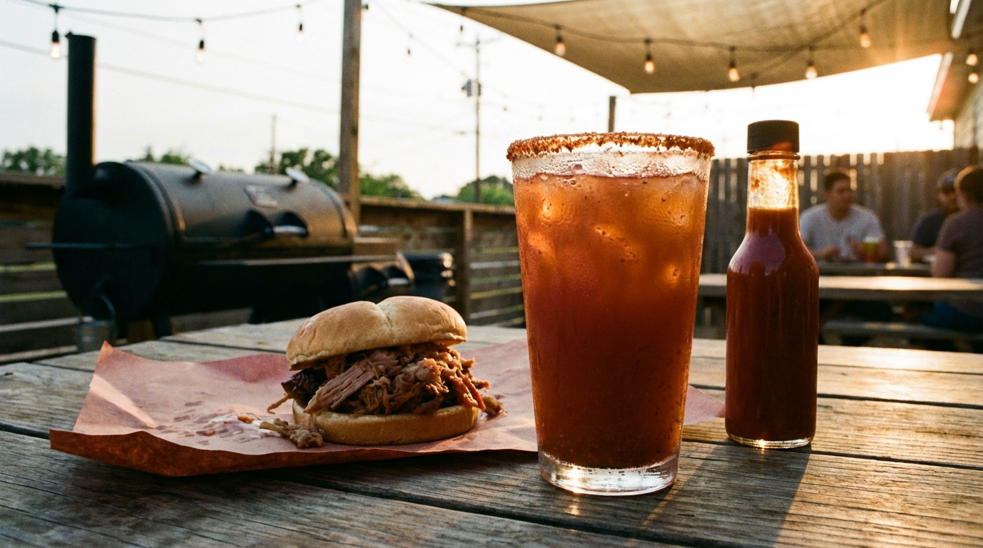 Spicy Michelada with beer and hot sauce alongside BBQ pulled pork sandwich
