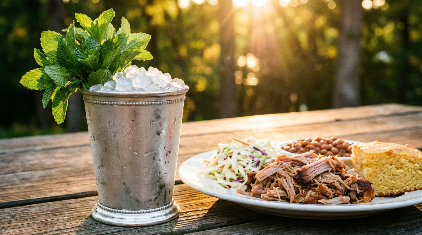 Mint Julep in silver cup with crushed ice alongside Southern BBQ pulled pork