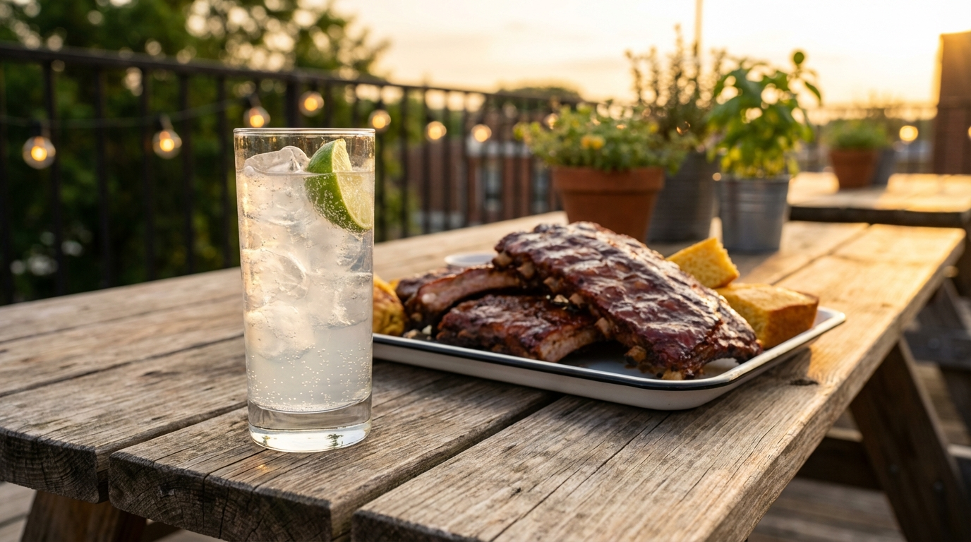 Ranch water cocktail with lime wedge and Topo Chico alongside smoked ribs