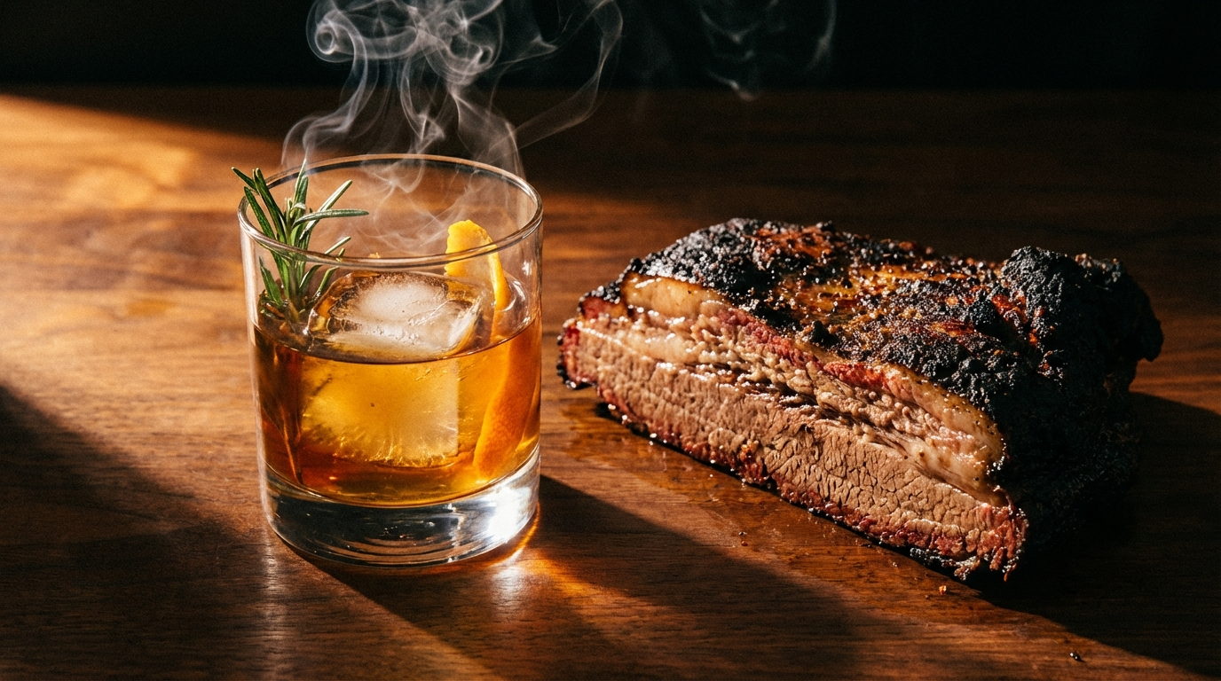 Smoky cocktail next to charred BBQ brisket showing complementary smoke flavors