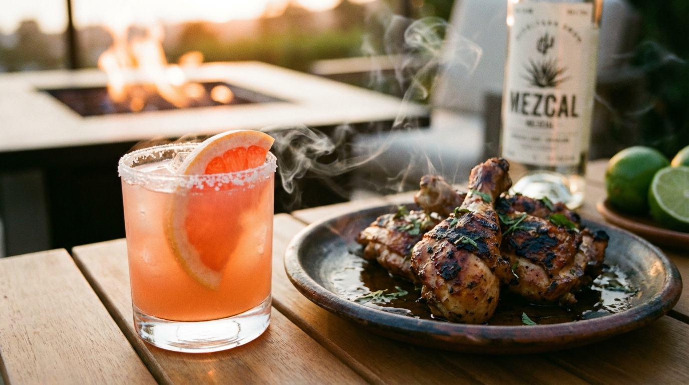 Smoky Paloma cocktail with grapefruit and mezcal alongside grilled chicken