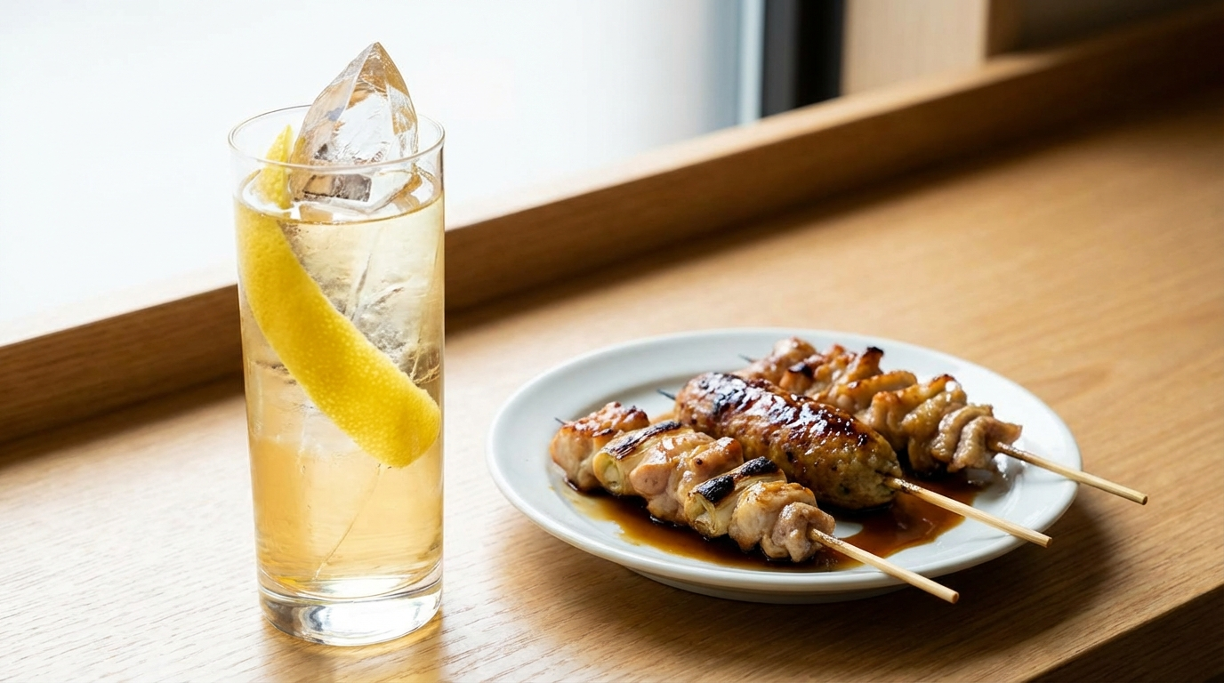 Japanese whiskey highball in tall glass with clear ice alongside yakitori and grilled meats