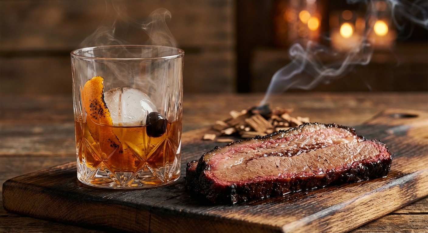 Smoky Old Fashioned cocktail next to sliced smoked brisket showing smoke ring and bark