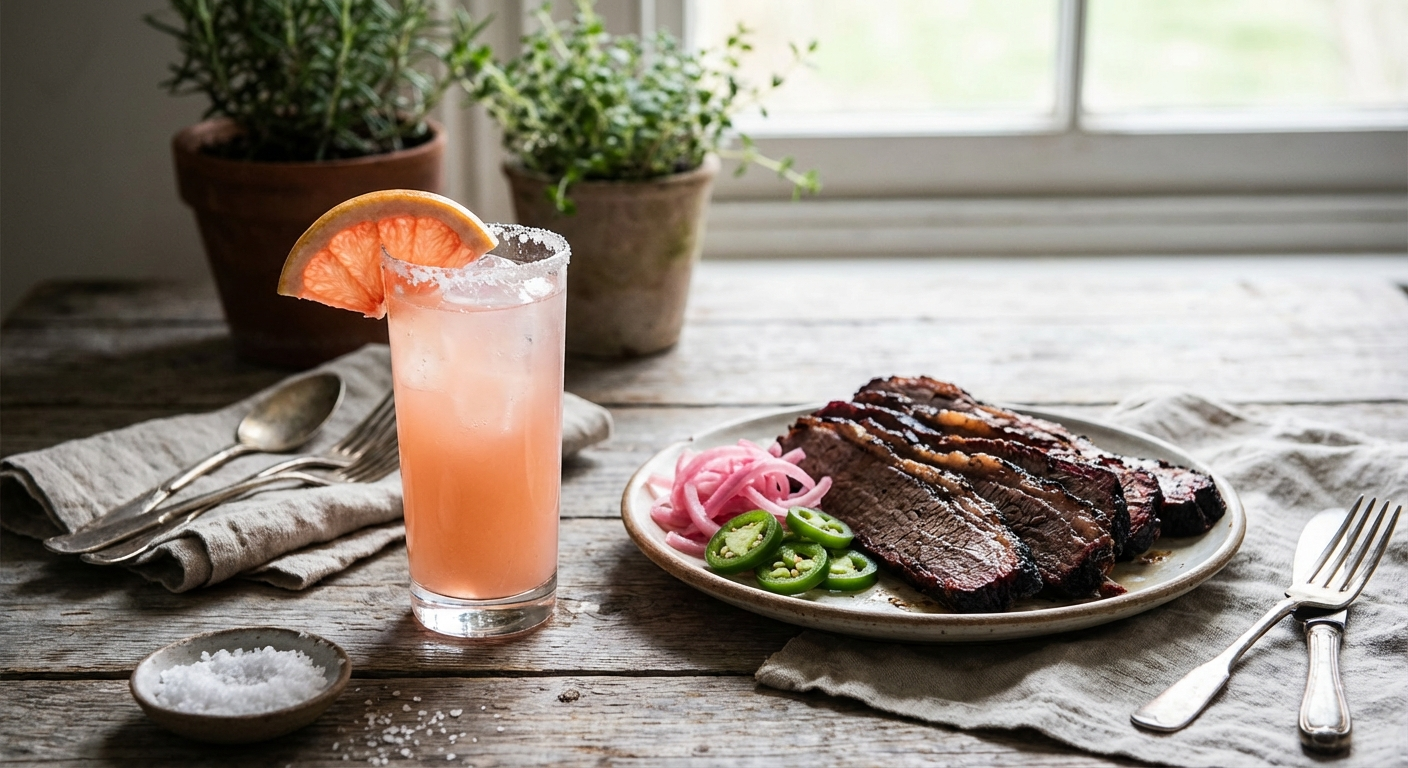Paloma cocktail with grapefruit alongside sliced brisket with pickled onions