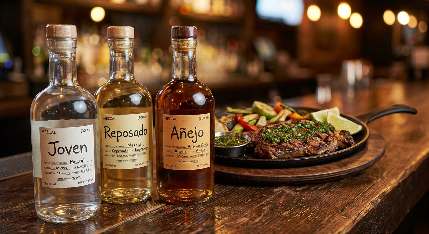Three mezcal bottles of different ages lined up on a dark bar counter with a grilled steak platter in the background