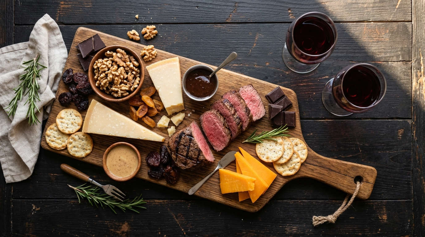 Overhead view of charcuterie board with sliced filet mignon, aged cheeses, dark chocolate, walnuts, and ruby port wine glasses