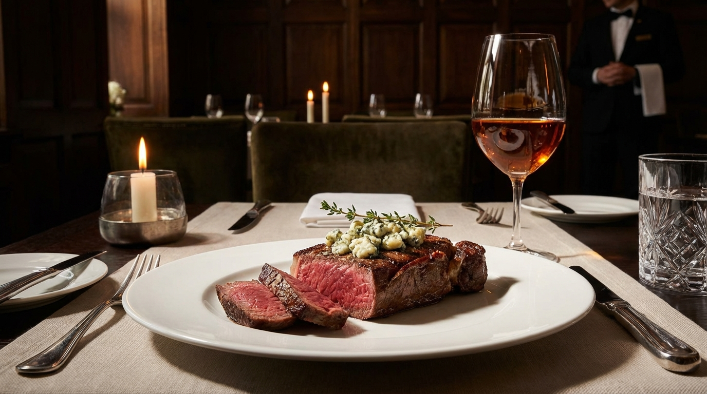 Sliced New York strip steak showing medium-rare interior with tawny port wine glass and blue cheese garnish