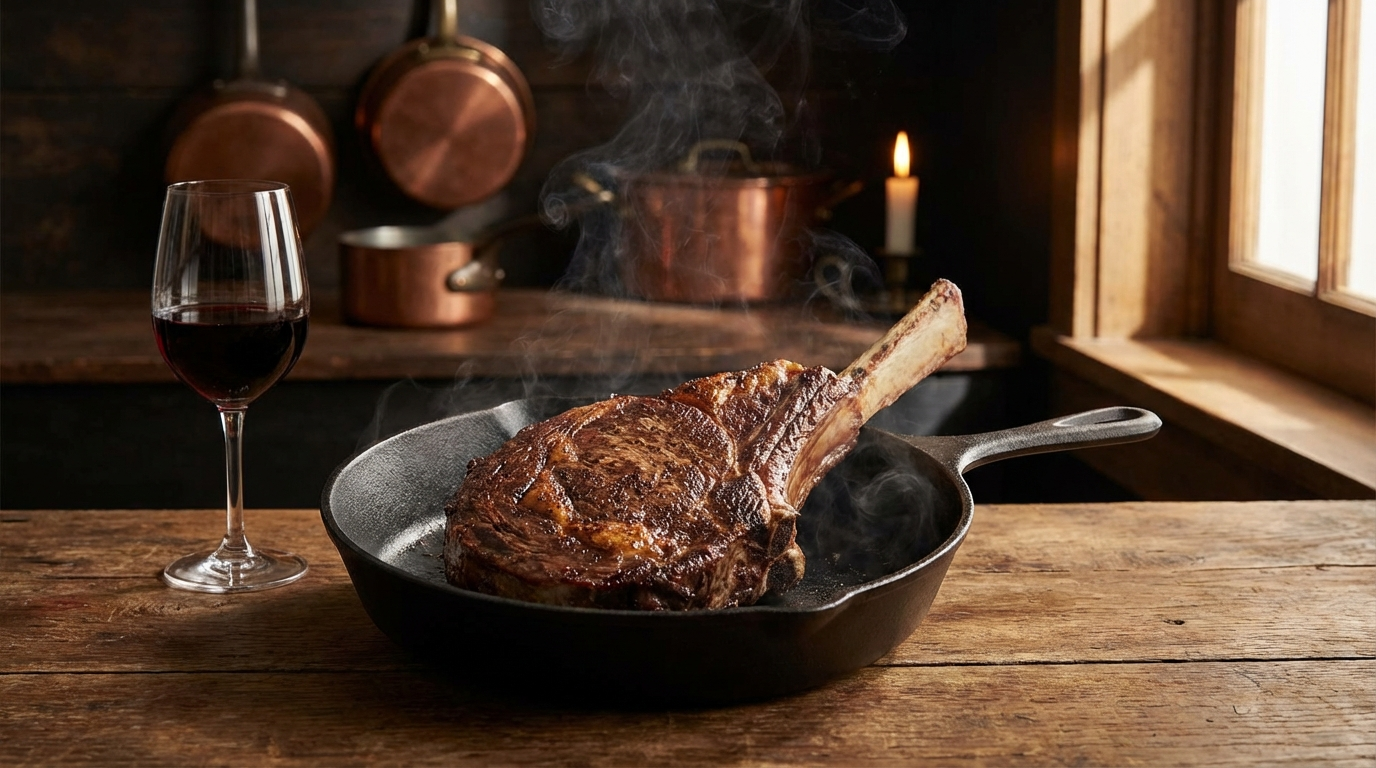 Dry-aged tomahawk ribeye on cast iron skillet with vintage port wine glass, steam rising