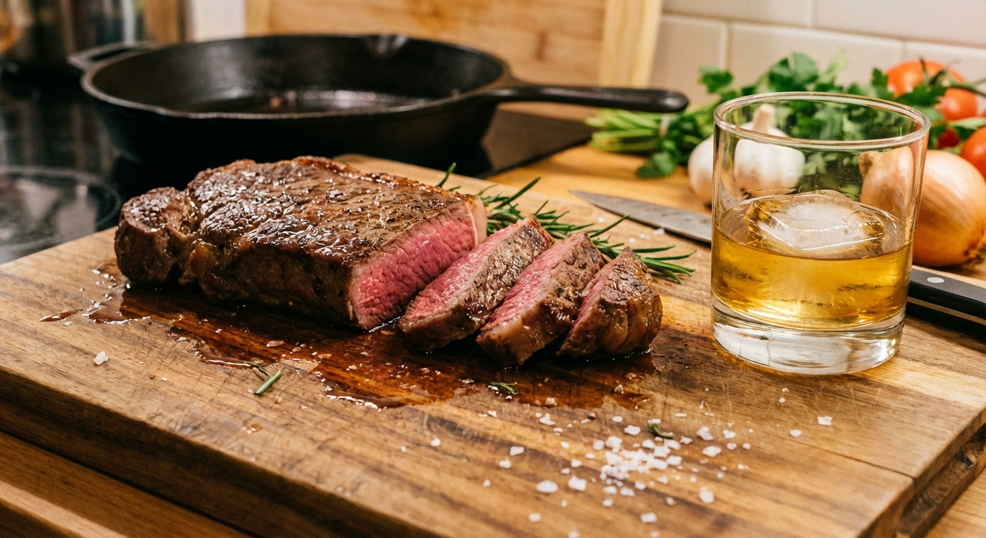 Sliced New York strip steak with pink center on a cutting board next to a rocks glass of rye whiskey