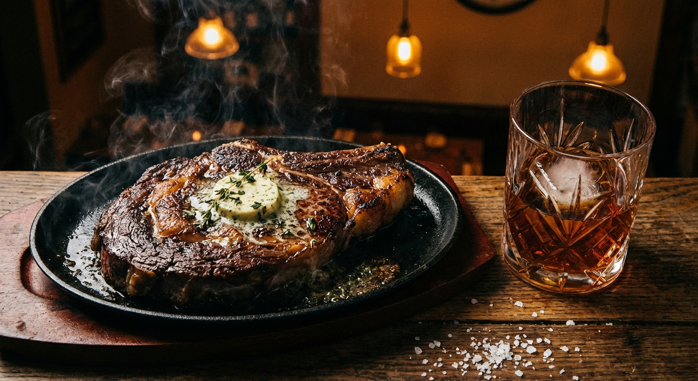 Marbled ribeye steak seared with dark crust alongside a pour of dark amber rye whiskey