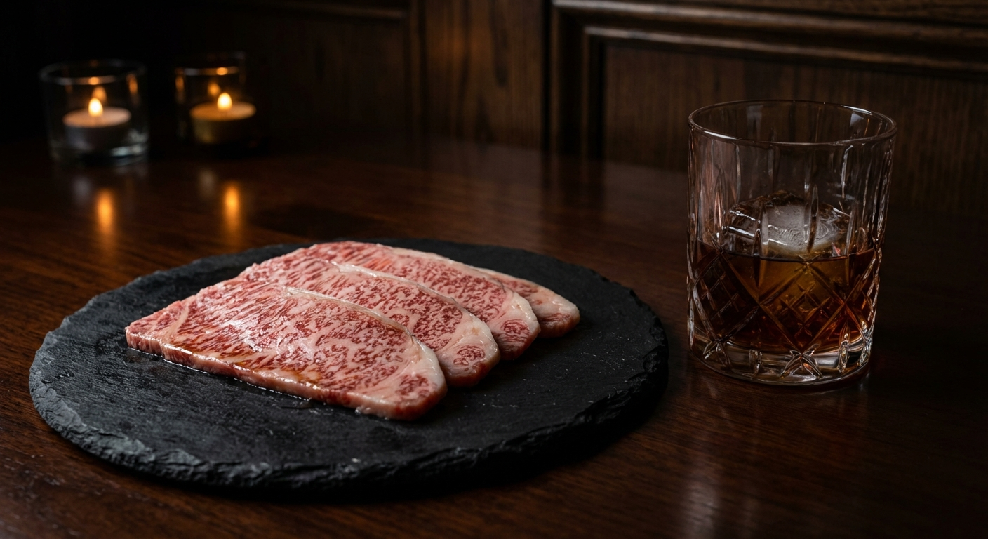 Thinly sliced A5 wagyu beef with extreme marbling next to an aged rye whiskey in a crystal glass