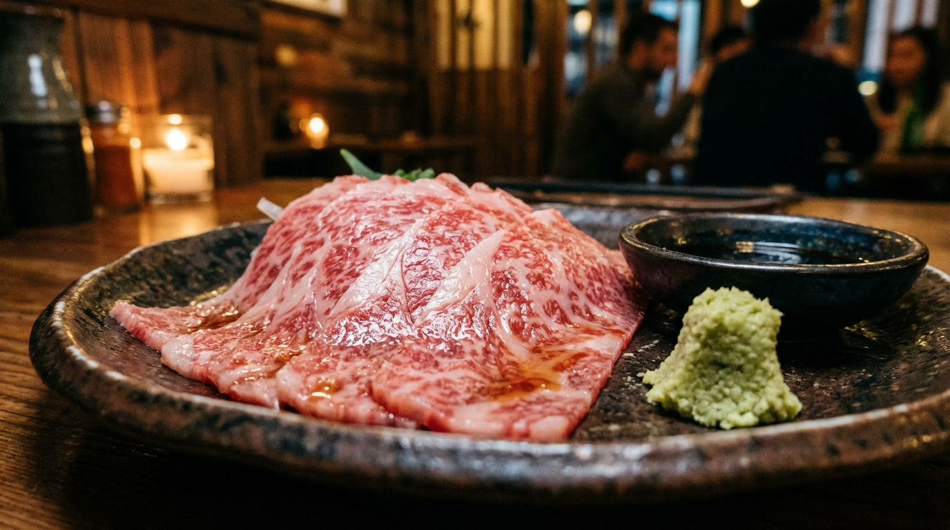 Thinly sliced A5 wagyu beef sashimi-style on dark ceramic plate with wasabi and soy sauce