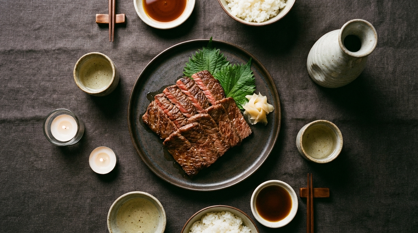 Overhead view of wagyu dinner for two with sake service including ochoko cups and grilled wagyu slices