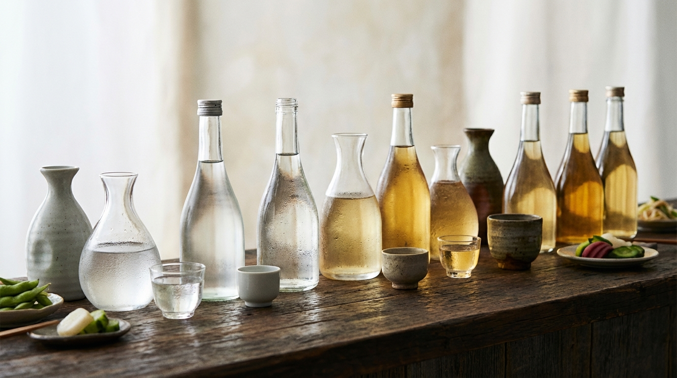 Sake varieties from clear daiginjo to golden junmai lined up on dark wood surface