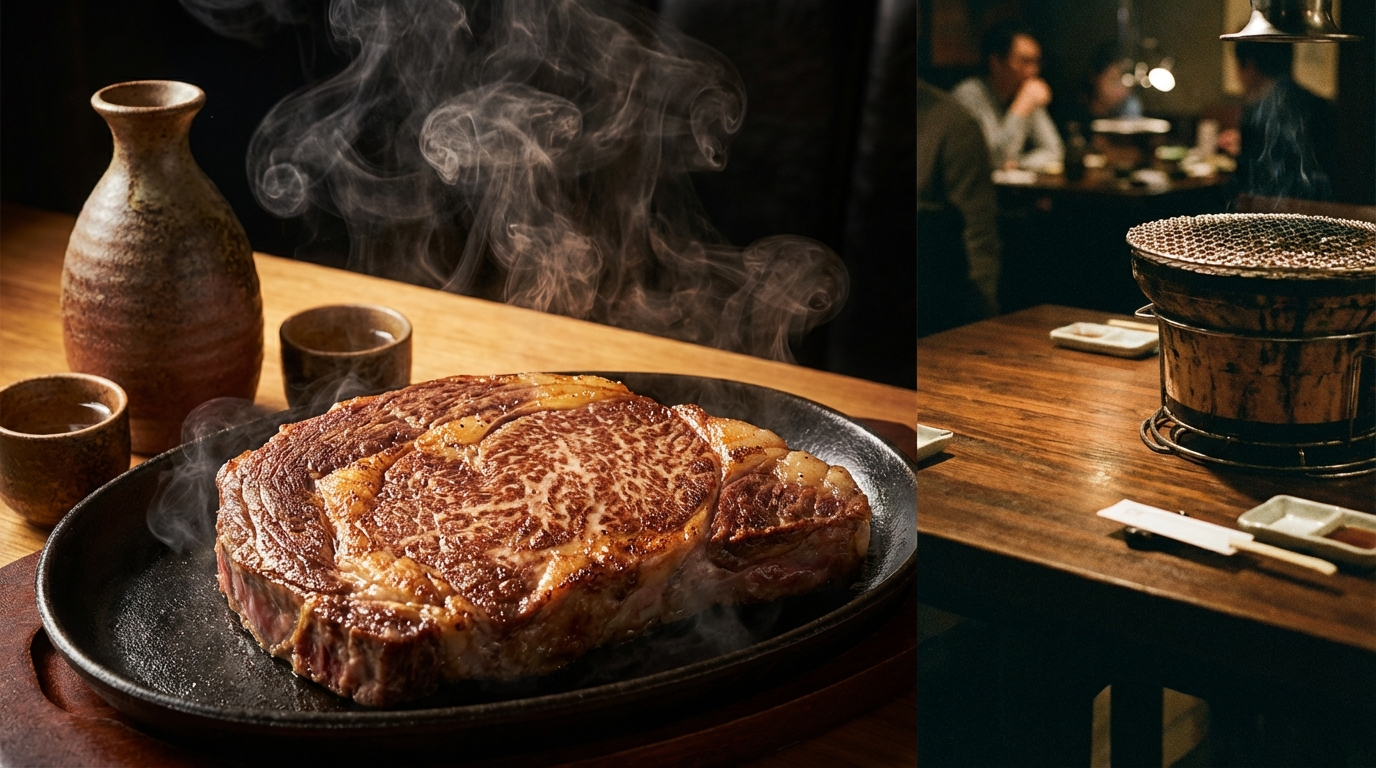 Seared wagyu ribeye on cast iron with ceramic sake flask and rising steam