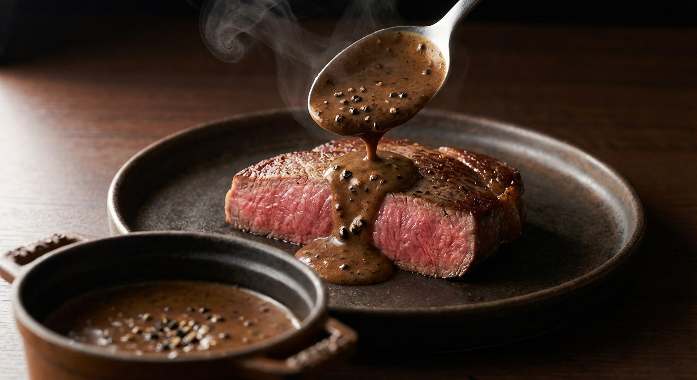 Close-up of creamy peppercorn sauce being spooned over a medium-rare steak slice with visible cracked black peppercorns