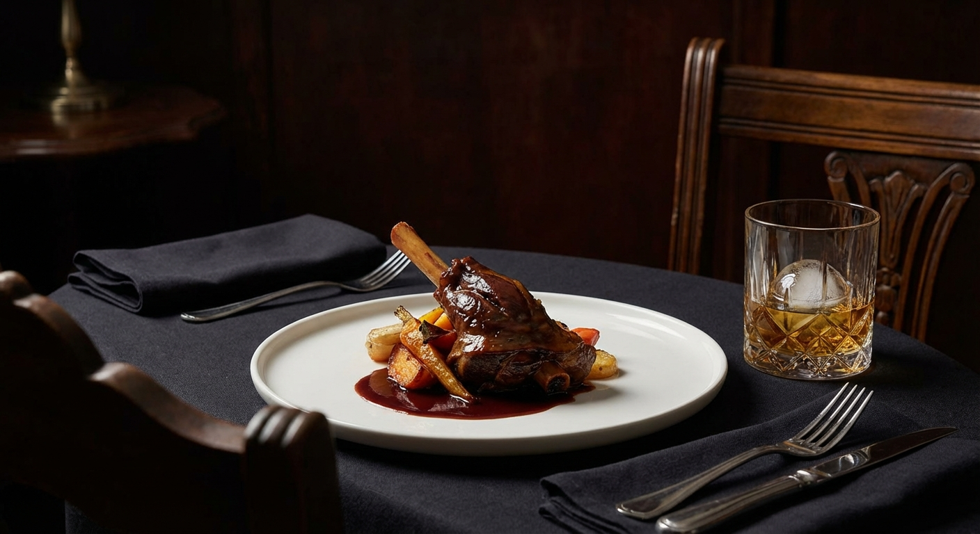 Braised lamb shank with rich jus on a white plate next to a glass of whisky
