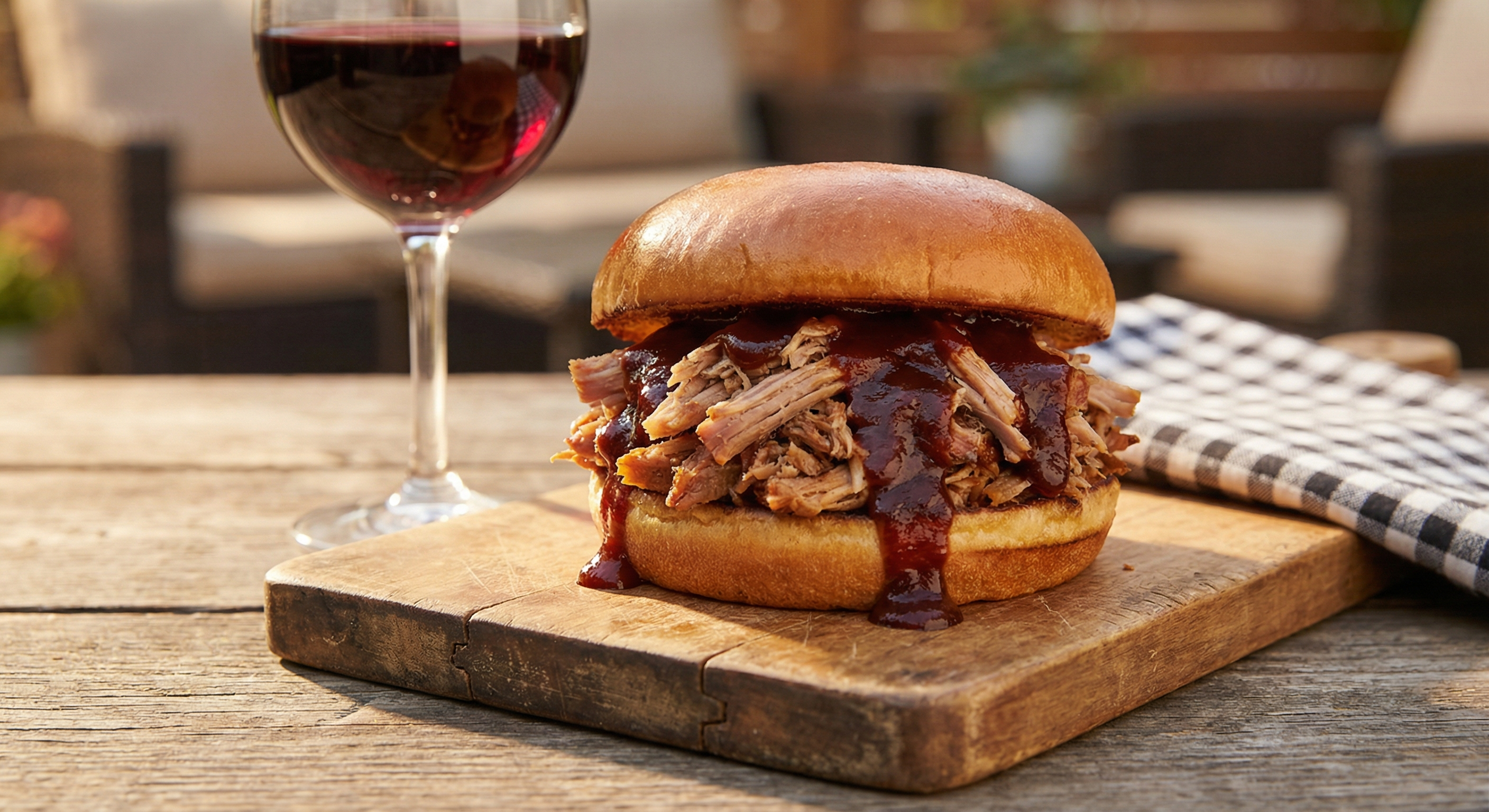 Pulled pork sandwich slathered in thick Kansas City BBQ sauce next to a glass of bold Zinfandel wine