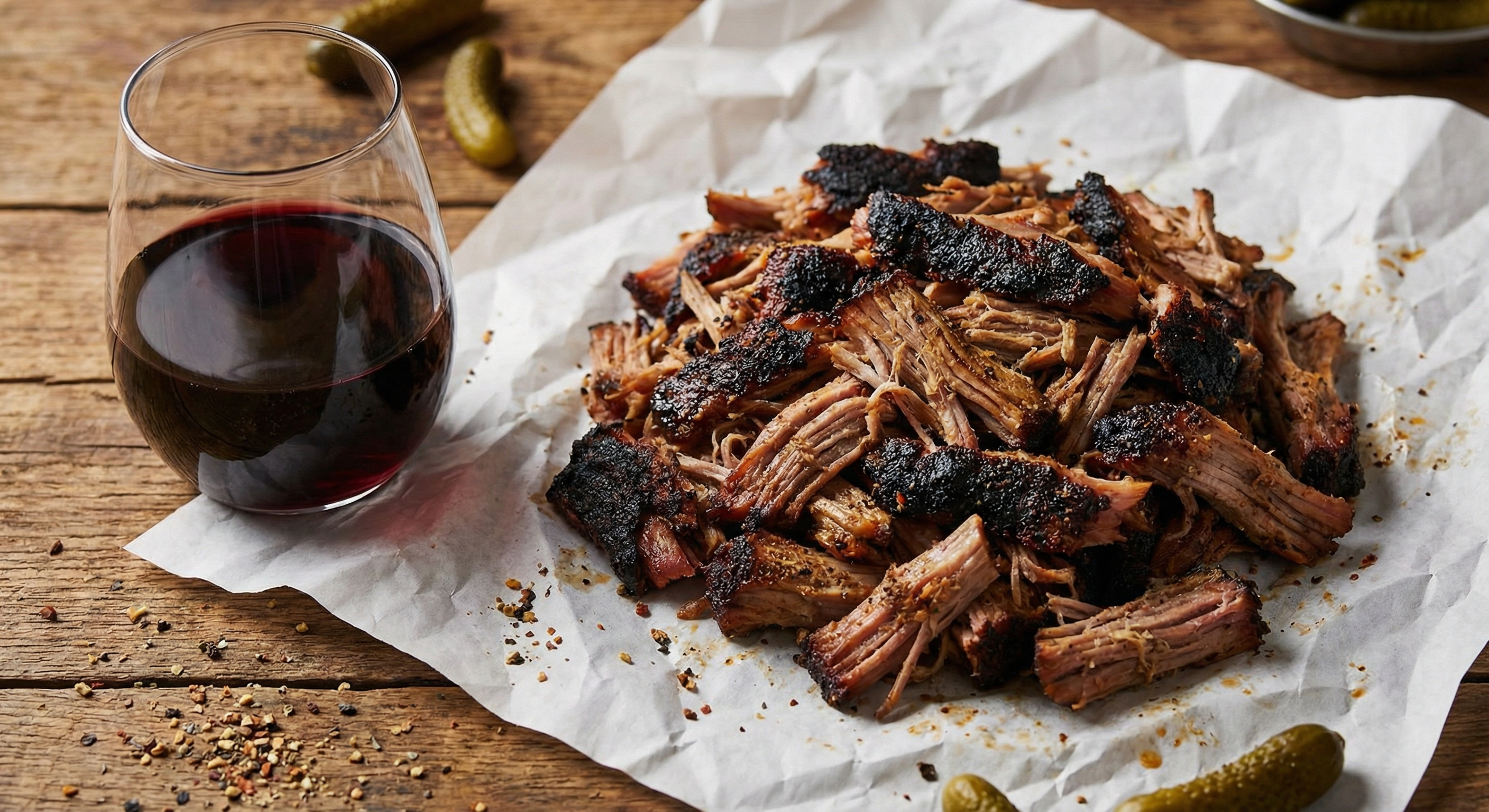 Memphis dry rub pulled pork with crusty bark on white butcher paper alongside a glass of Tempranillo wine