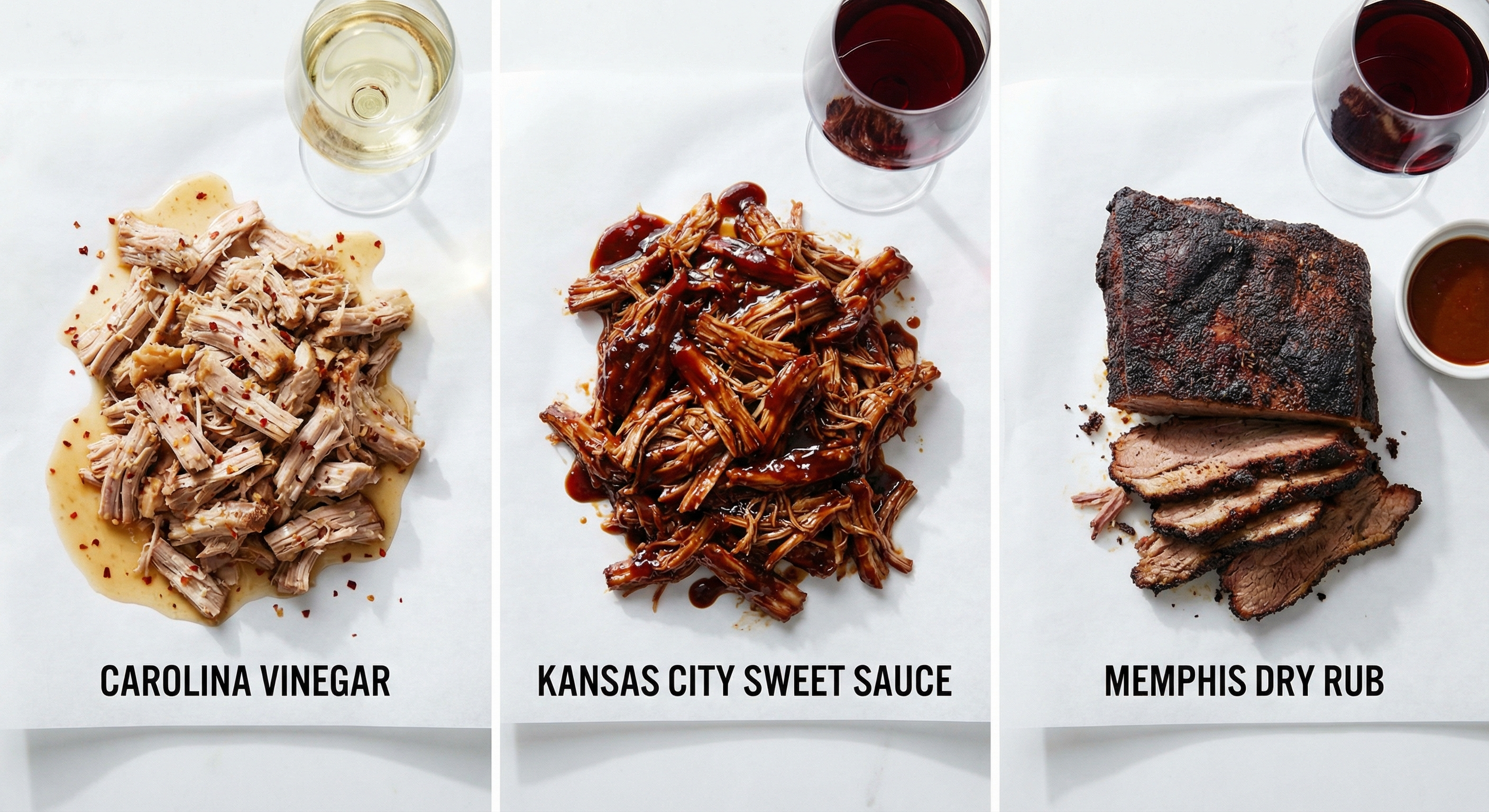 Side-by-side comparison of Carolina vinegar pulled pork, Kansas City sweet sauce pulled pork, and Memphis dry rub pulled pork with corresponding wine glasses
