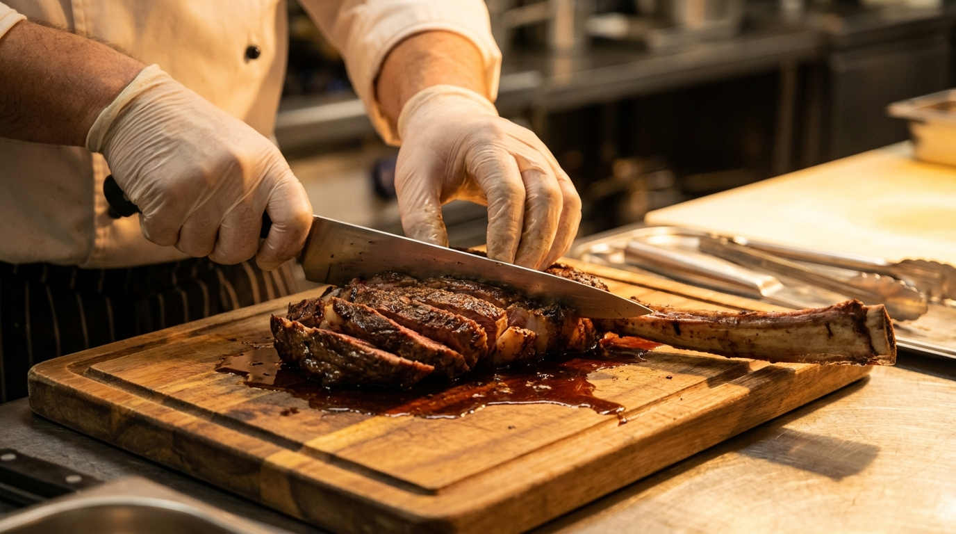Chef demonstrating tomahawk steak carving technique with knife separating bone from ribeye