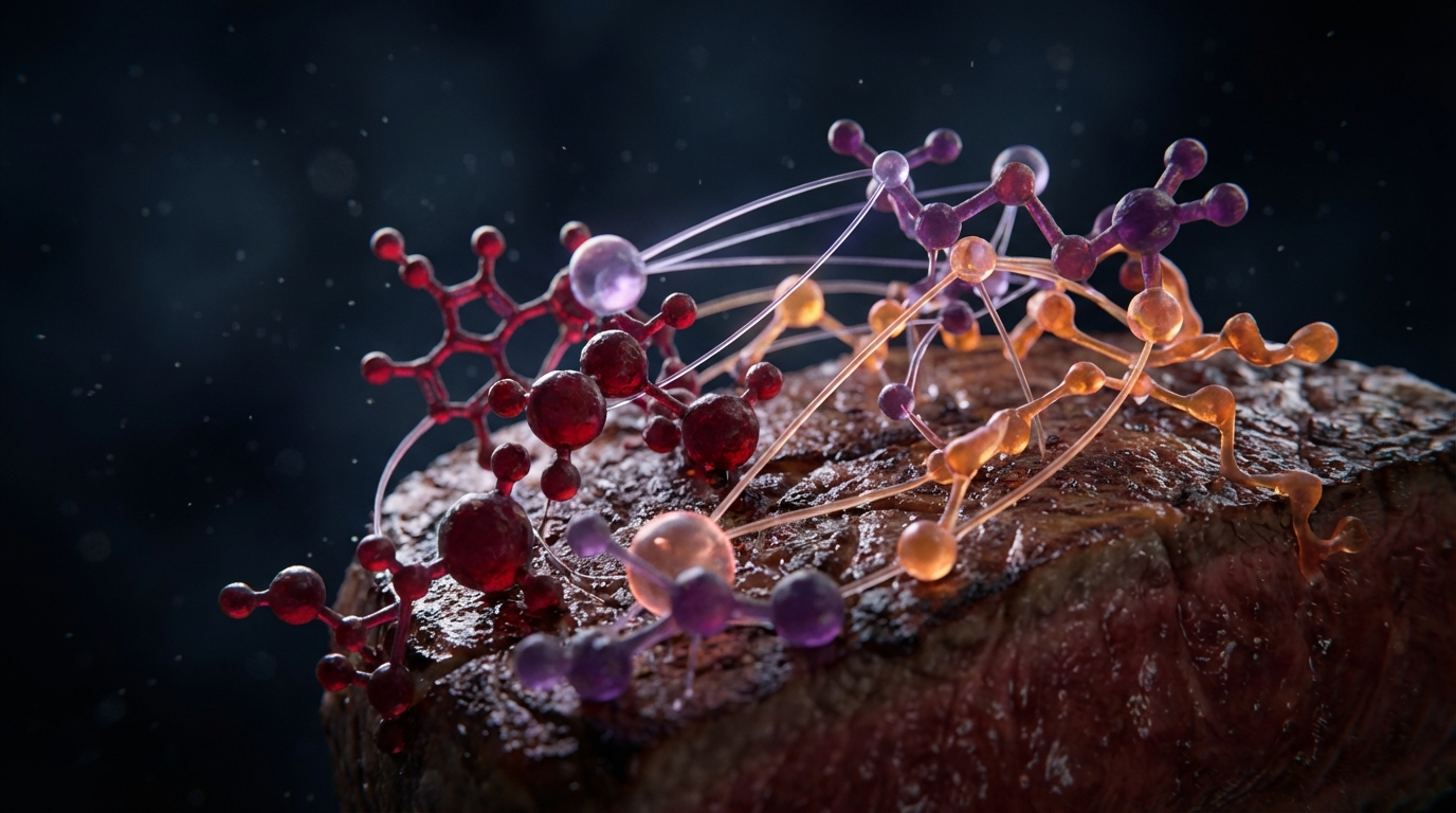 Illustration showing wine tannin molecules binding with fat and protein in tomahawk steak