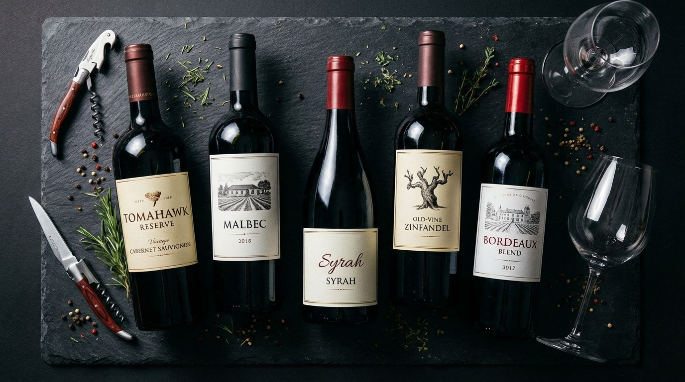 Collection of premium wine bottles ideal for tomahawk steak pairing including Cabernet, Malbec, and Syrah