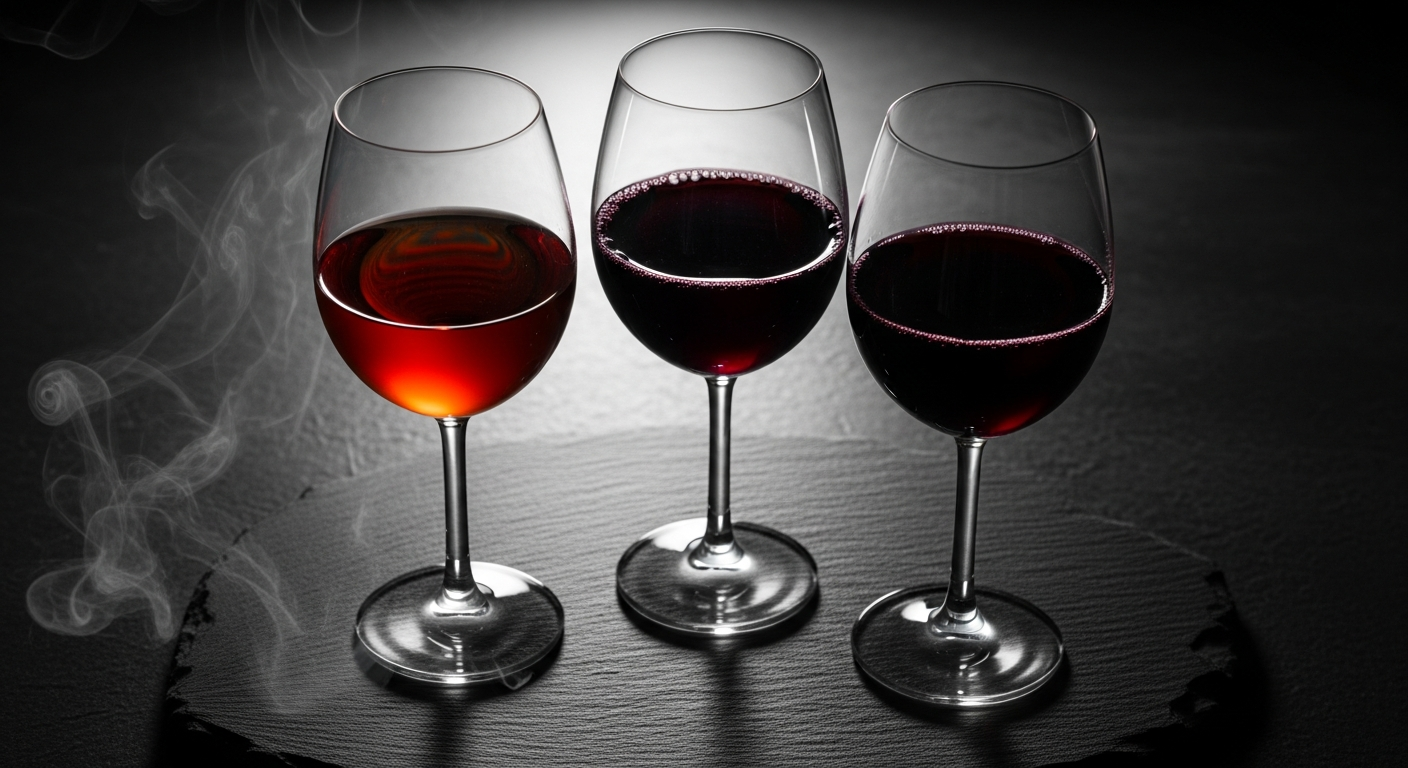 Three glasses of bold red wine — Zinfandel, Malbec, and Syrah — on dark slate with smoke wisps