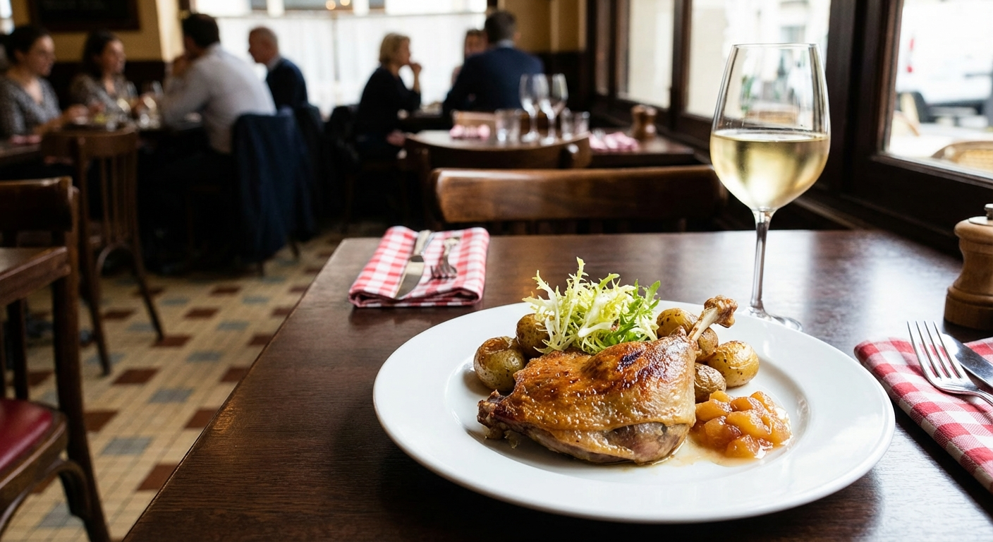 Duck confit leg with crispy golden skin paired with a glass of white Burgundy Chardonnay
